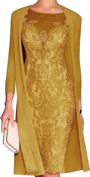 2 Piece Mother of The Bride Dresses with Jacket Chiffon Lace Sheath Evening Dresses for Wedding Guest Midi Length