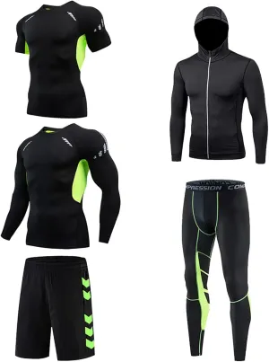 5-Piece Workout Outfit Set Men's Gym Running Fitness Compression Pants Shirt Top Long Sleeve Jacket Sets