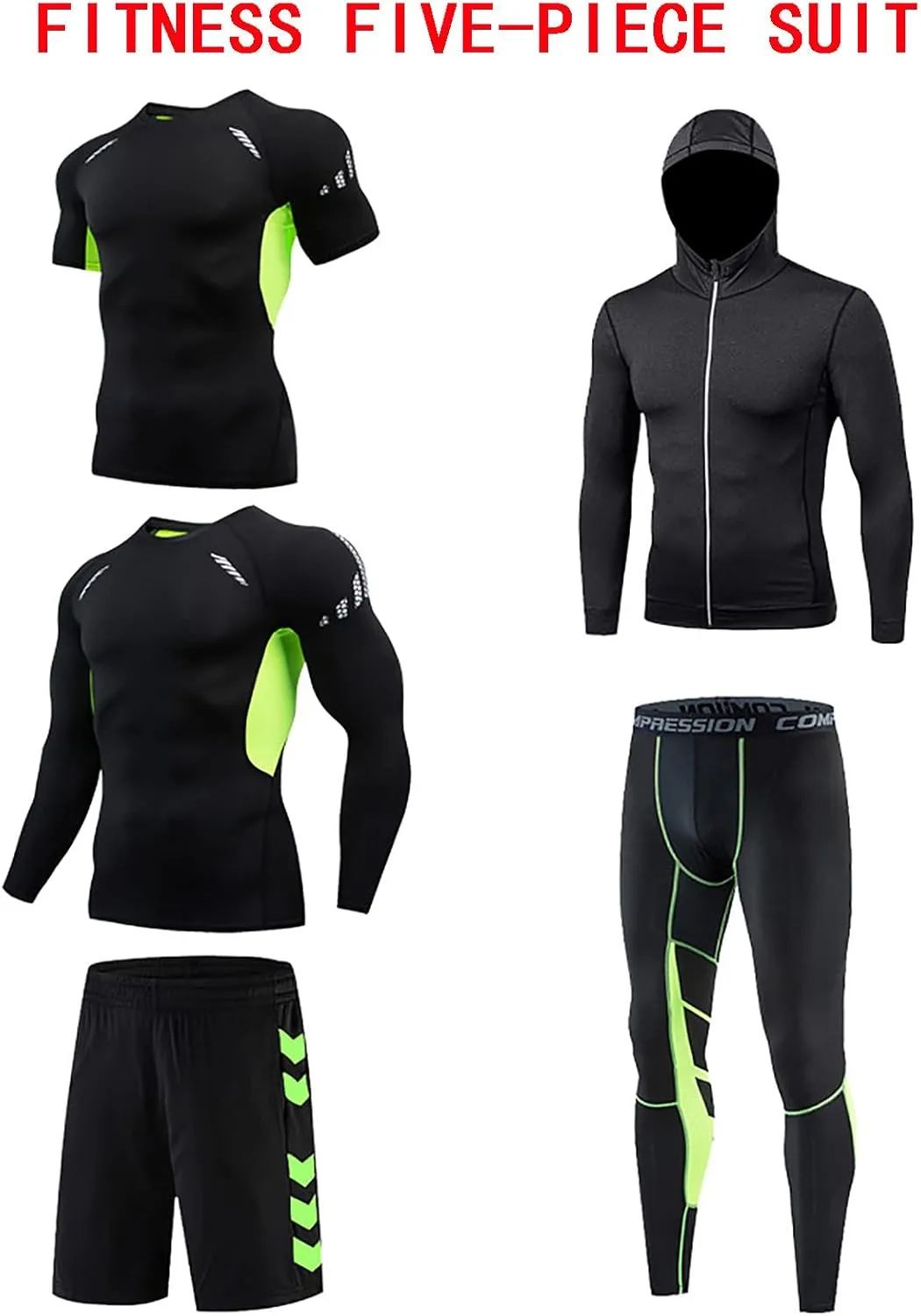 5-Piece Workout Outfit Set Men's Gym Running Fitness Compression Pants Shirt Top Long Sleeve Jacket Sets