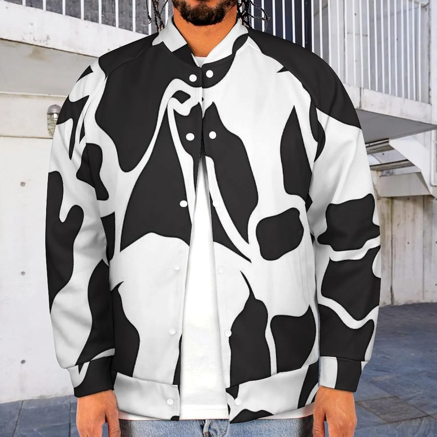 Abstract Cow Black White Pattern Lightweight Men's Baseball Jackets Relaxed Fit Varsity Bomber Jacket Windbreaker Coat