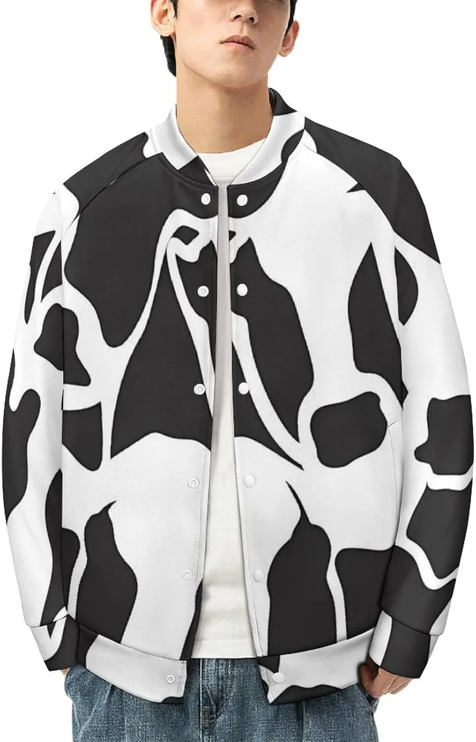 Abstract Cow Black White Pattern Lightweight Men's Baseball Jackets Relaxed Fit Varsity Bomber Jacket Windbreaker Coat