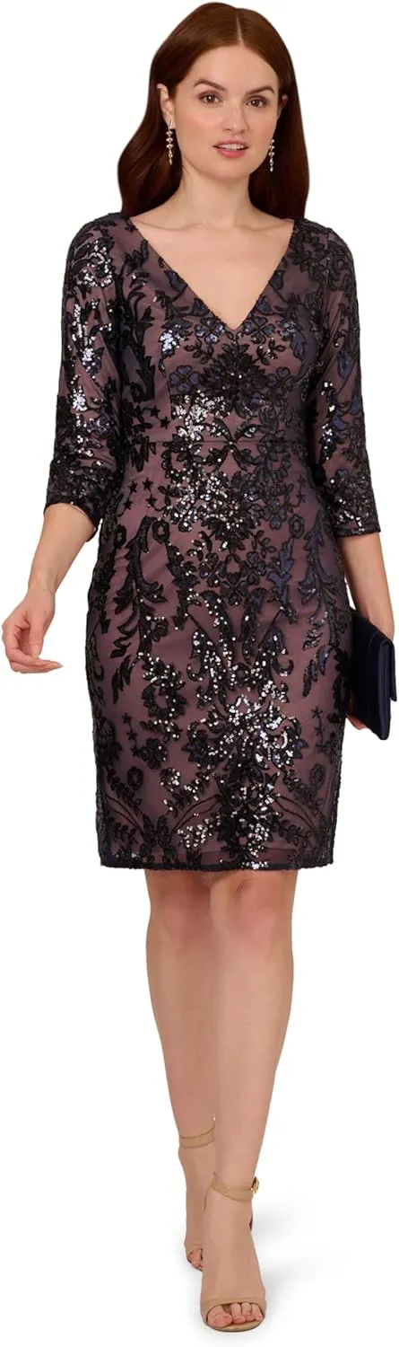 Adrianna Papell Women's Beaded V-Neck Short Dress