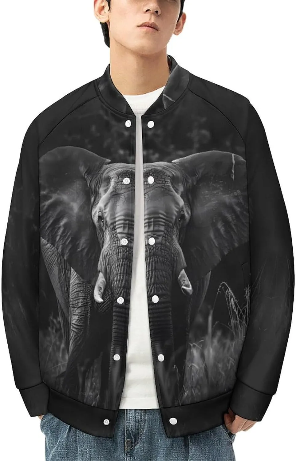 African Elephant Black and White Lightweight Men's Baseball Jackets Relaxed Fit Varsity Bomber Jacket Windbreaker Coat
