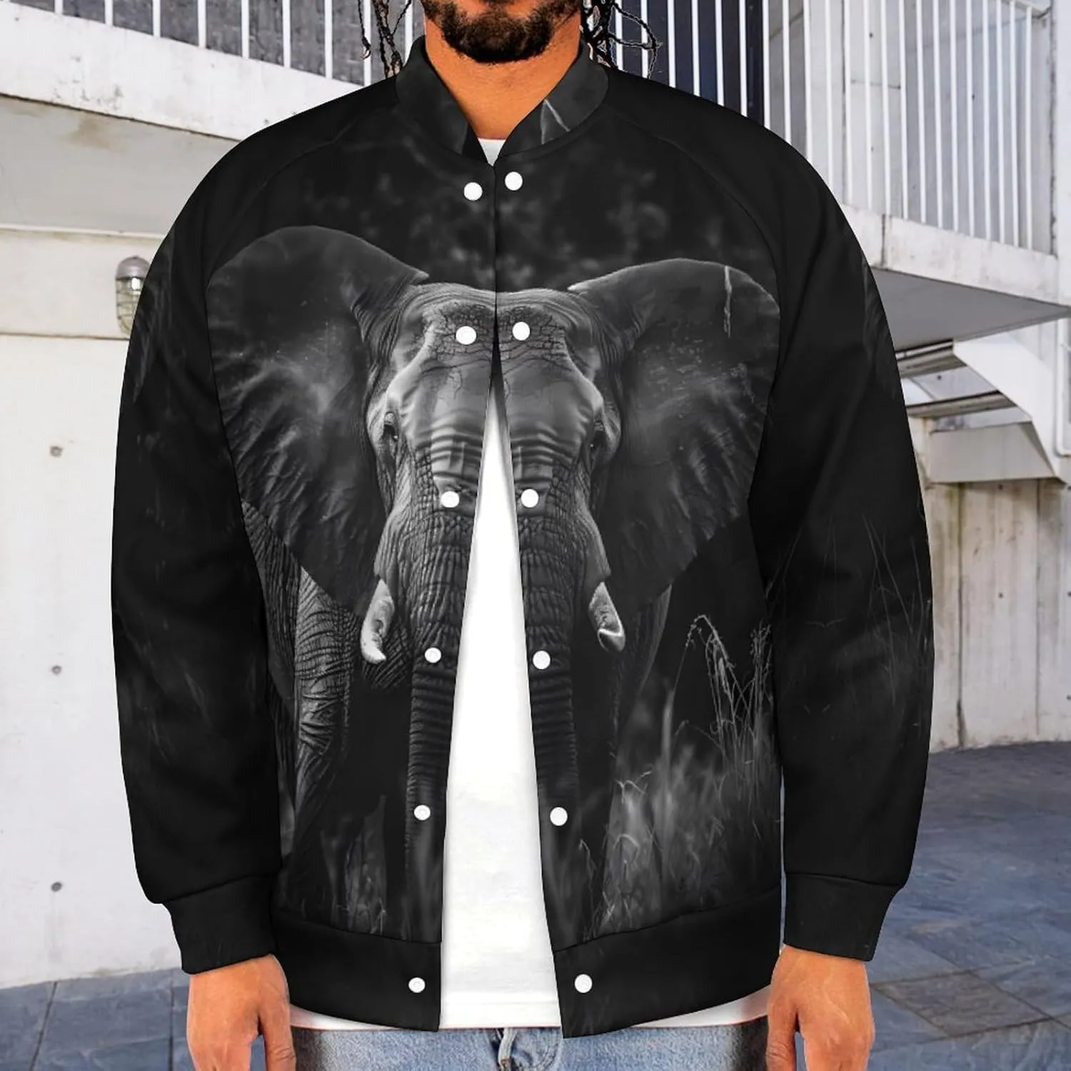 African Elephant Black and White Lightweight Men's Baseball Jackets Relaxed Fit Varsity Bomber Jacket Windbreaker Coat