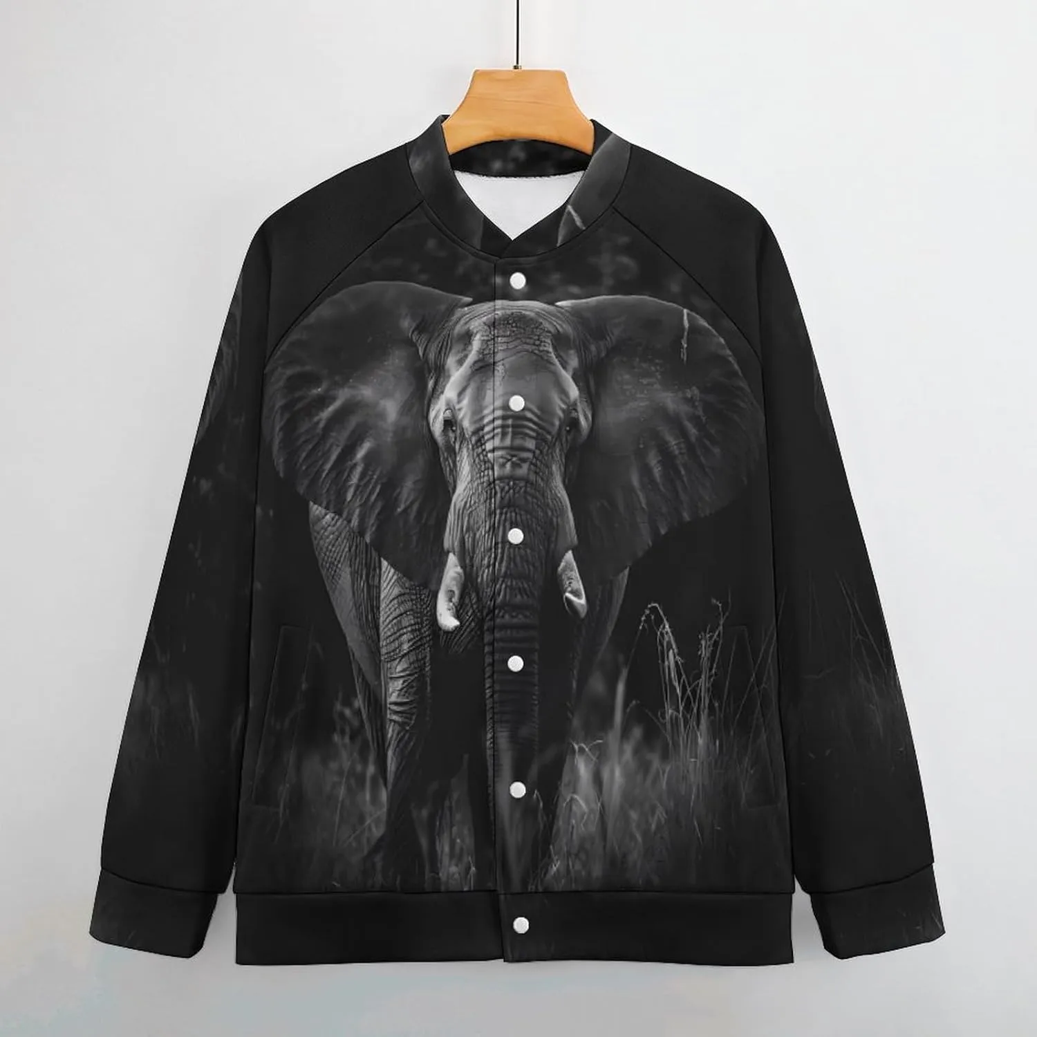 African Elephant Black and White Lightweight Men's Baseball Jackets Relaxed Fit Varsity Bomber Jacket Windbreaker Coat