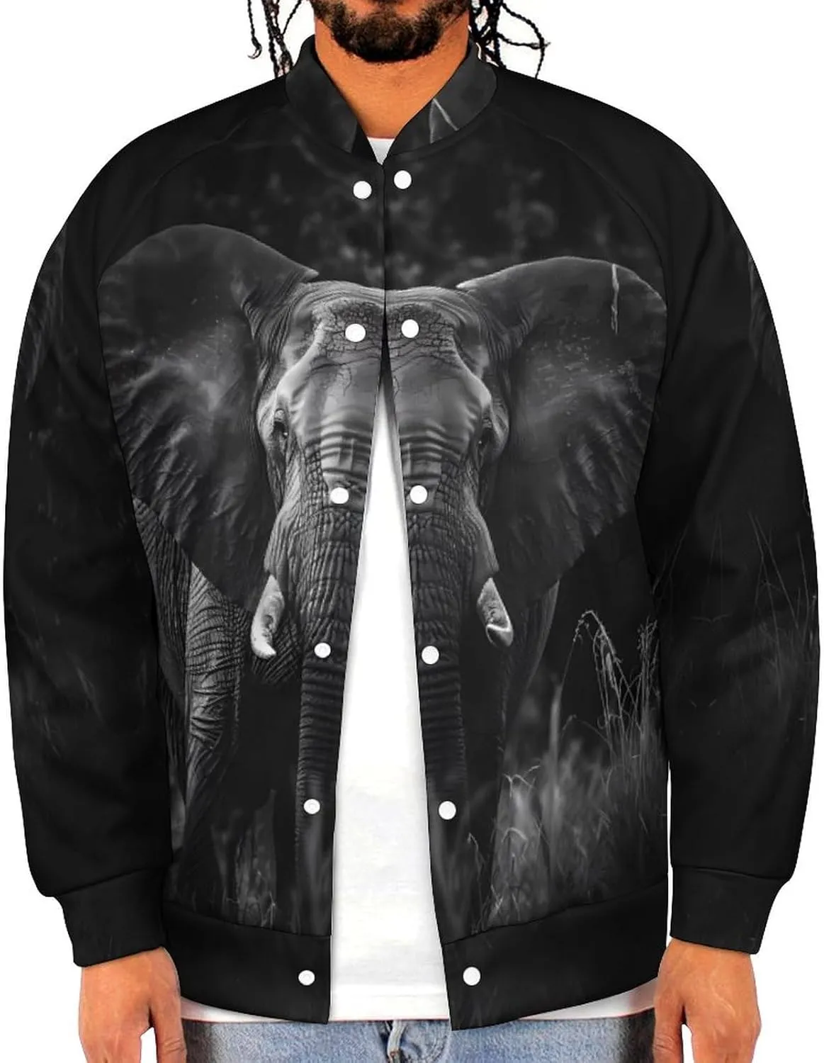 African Elephant Black and White Lightweight Men's Baseball Jackets Relaxed Fit Varsity Bomber Jacket Windbreaker Coat