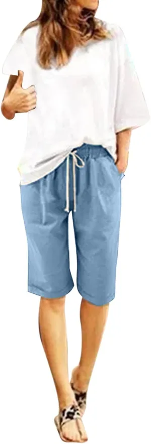 AMDBEL Bermuda Shorts for Women Trendy Baggy Women's Bermuda Shorts Long Sweat Knit Shorts with Pockets Lounge Workout Shorts
