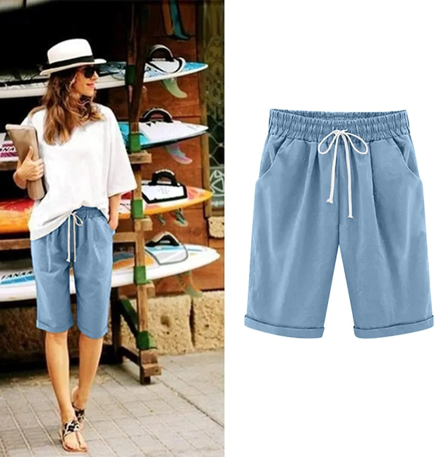 AMDBEL Bermuda Shorts for Women Trendy Baggy Women's Bermuda Shorts Long Sweat Knit Shorts with Pockets Lounge Workout Shorts