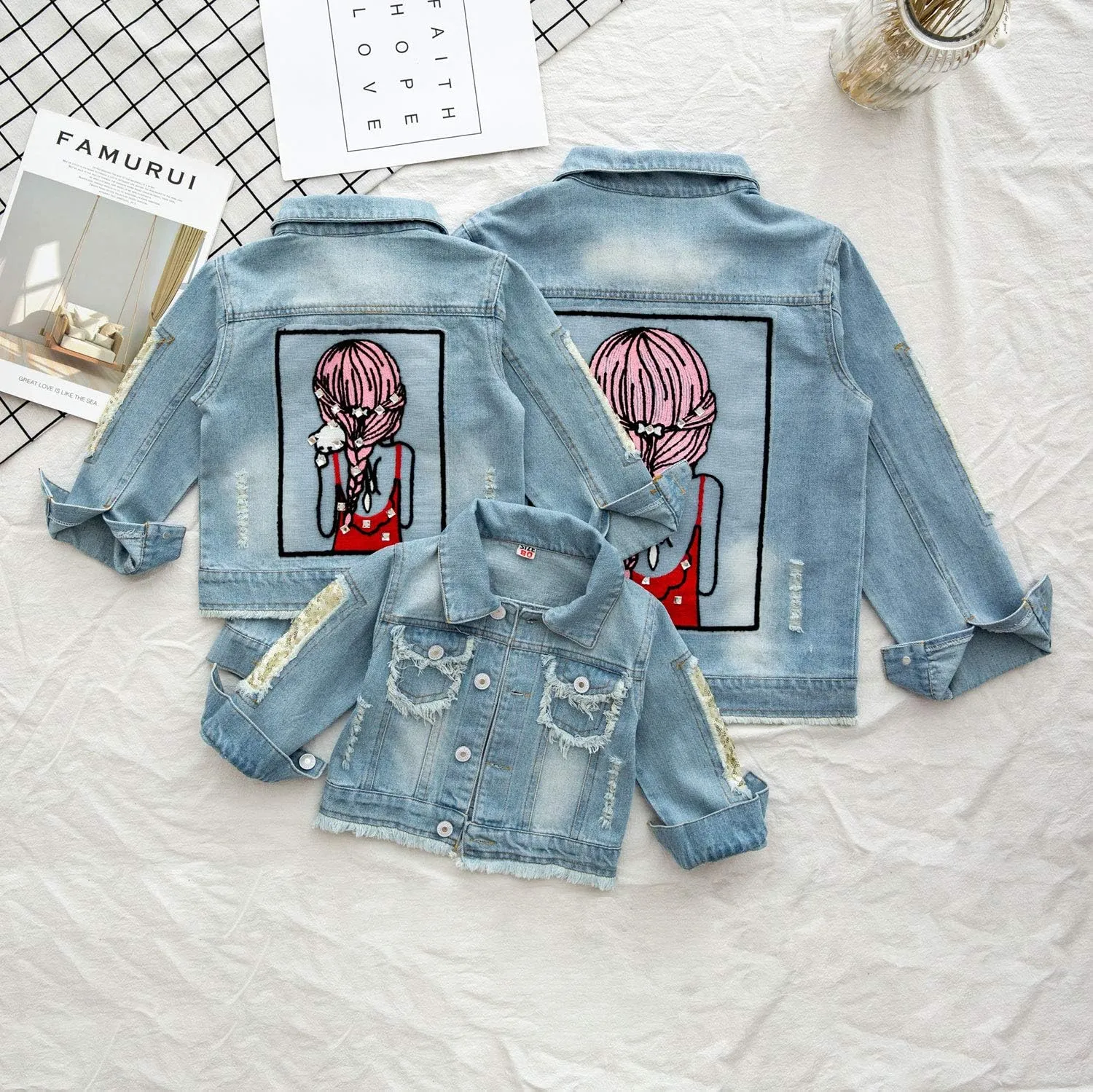 ANATA Little Girl Denim Jacket Button Down Jean Jacket Long Sleeve Denim Coat