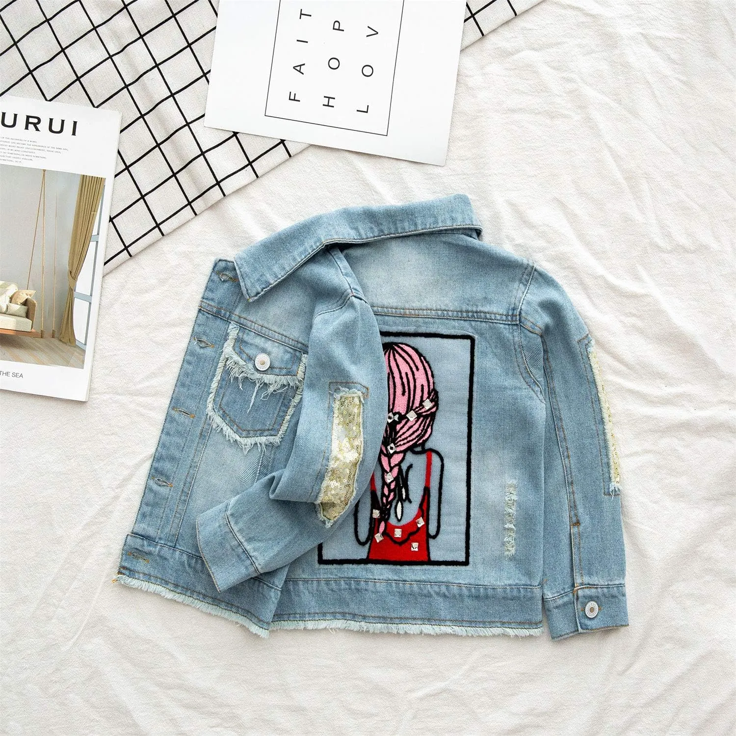 ANATA Little Girl Denim Jacket Button Down Jean Jacket Long Sleeve Denim Coat