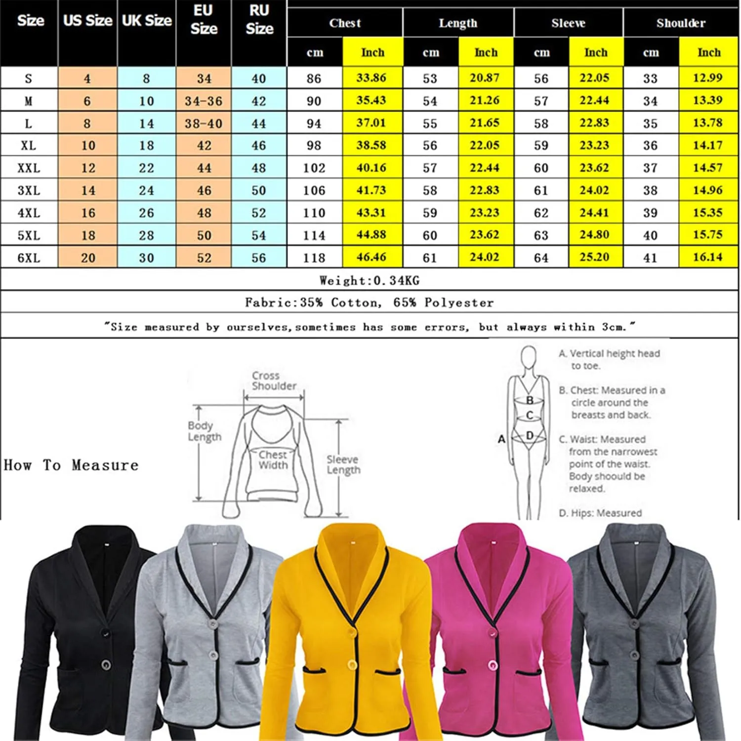 Andongnywell Women's Casual Work Solid Color Blazer wo Button Lapel Blazers Jacket Lightweight Sport Short Outwear