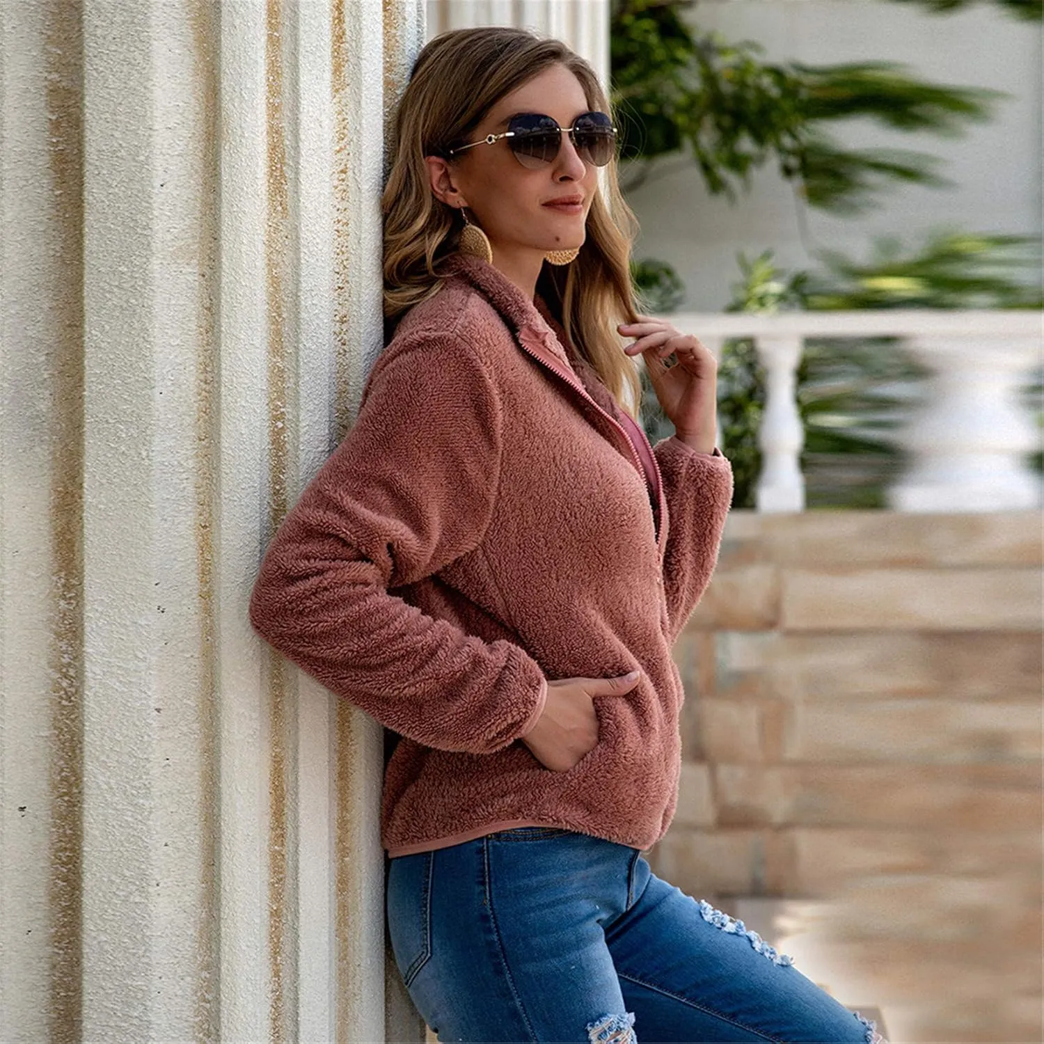 Andongnywell Women's Full Zip Up Sherpa Hoodie Fuzzy Fleece Jacket Fluffy Coat Overcoats with Pockets