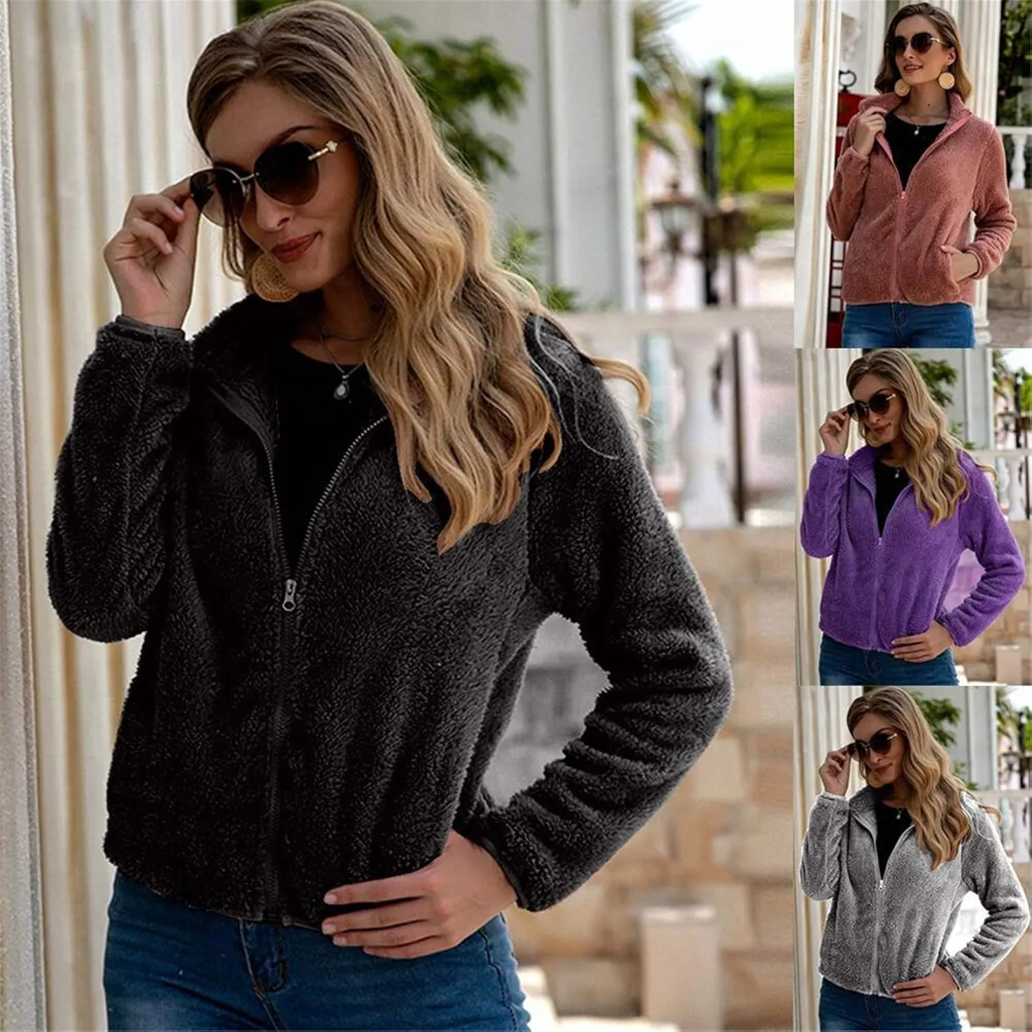 Andongnywell Women's Full Zip Up Sherpa Hoodie Fuzzy Fleece Jacket Fluffy Coat Overcoats with Pockets