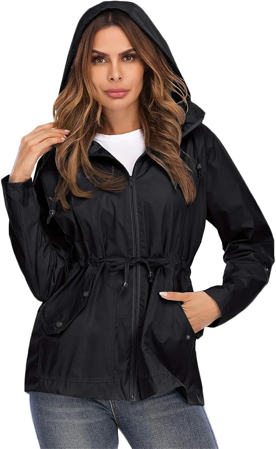 Andongnywell Women's Waterproof Lightweight Rain Jacket Active Outdoor Hooded Trench Coats with Breathable mesh
