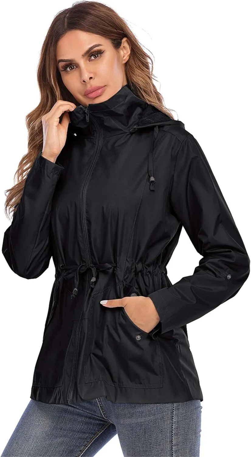 Andongnywell Women's Waterproof Lightweight Rain Jacket Active Outdoor Hooded Trench Coats with Breathable mesh