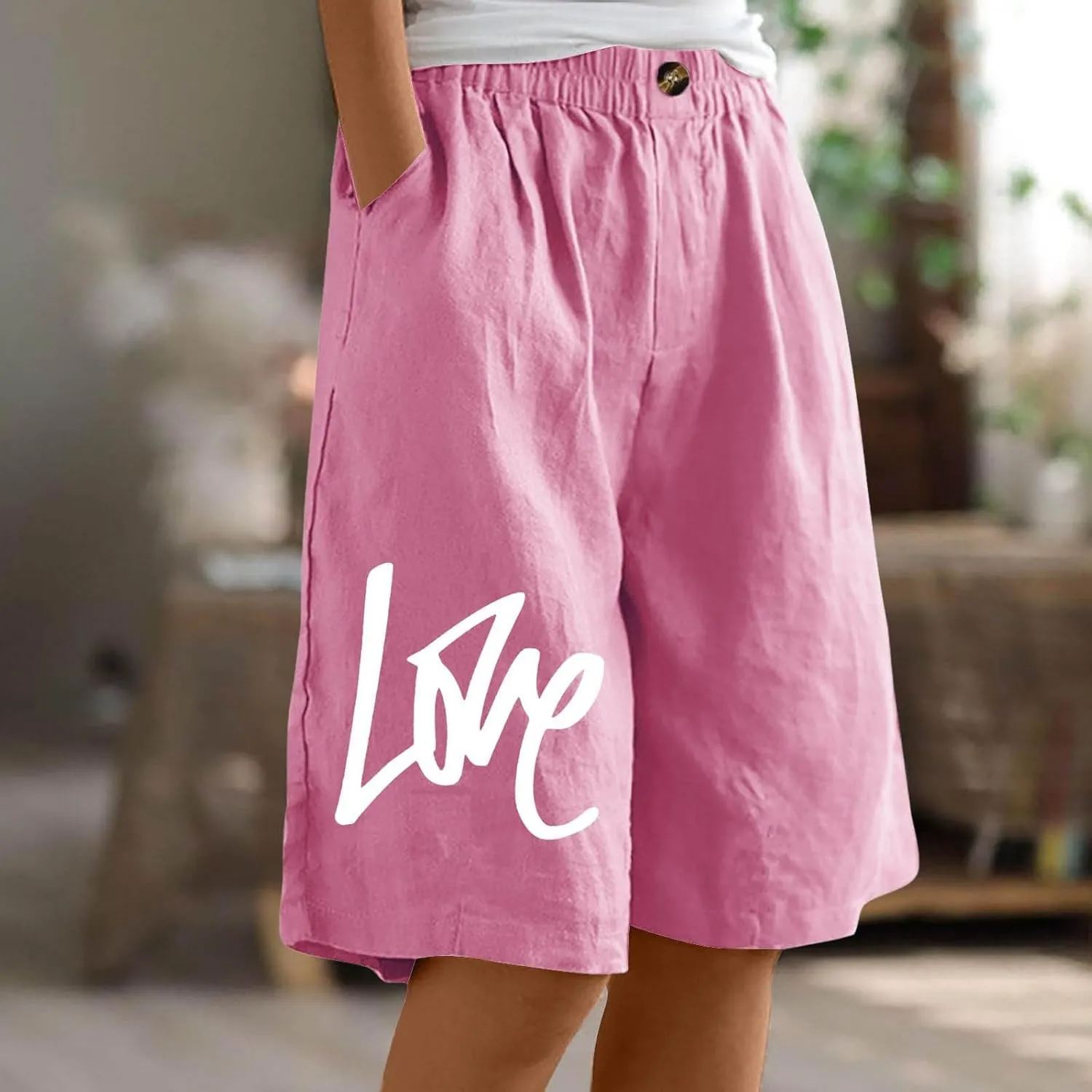 Bermuda Shorts for Women Cotton Linen Elastic High Waisted Casual Loose Shorts Comfy Lightweight Summer Shorts