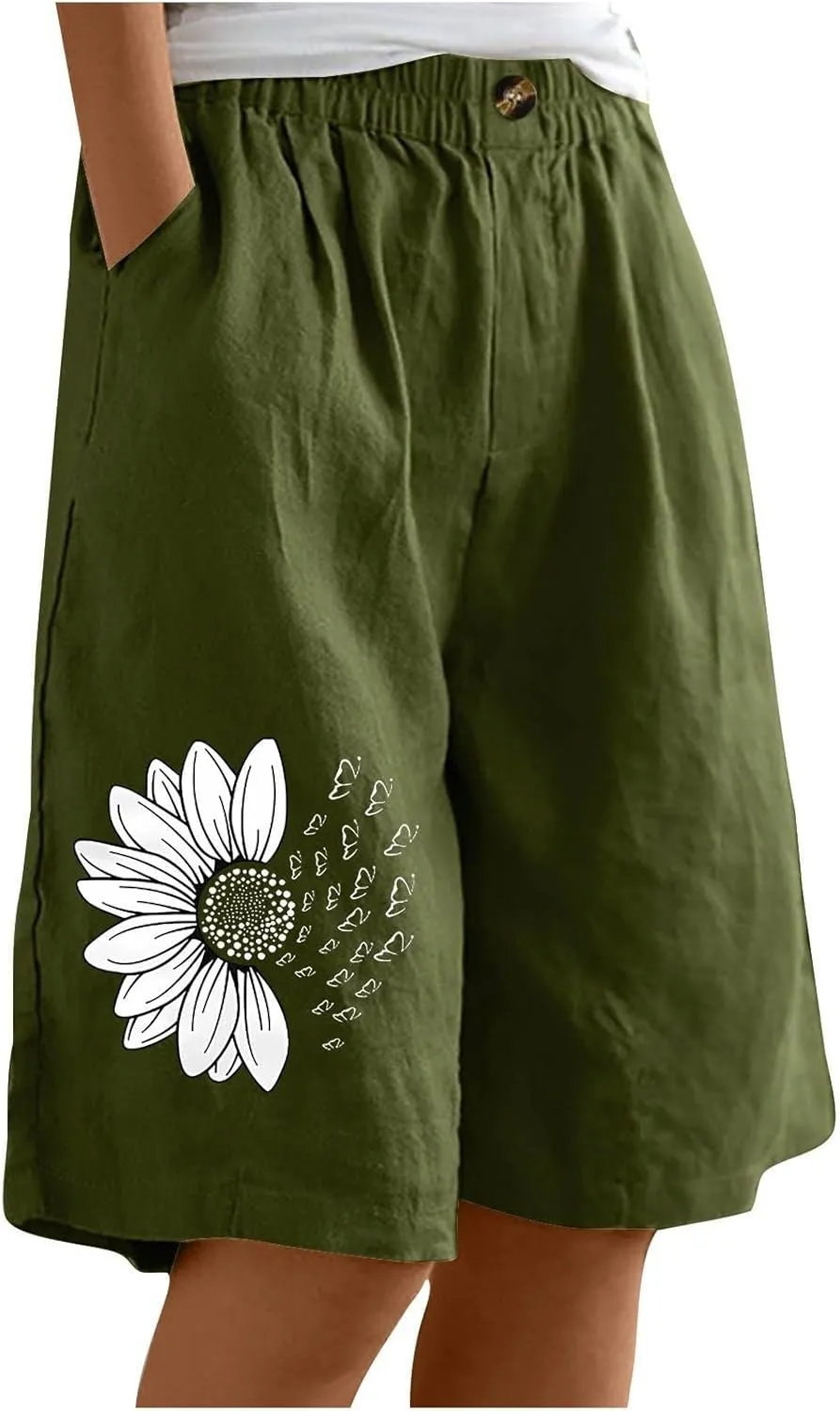 Bermuda Shorts for Women Cotton Linen Elastic High Waisted Casual Loose Shorts Comfy Lightweight Summer Shorts