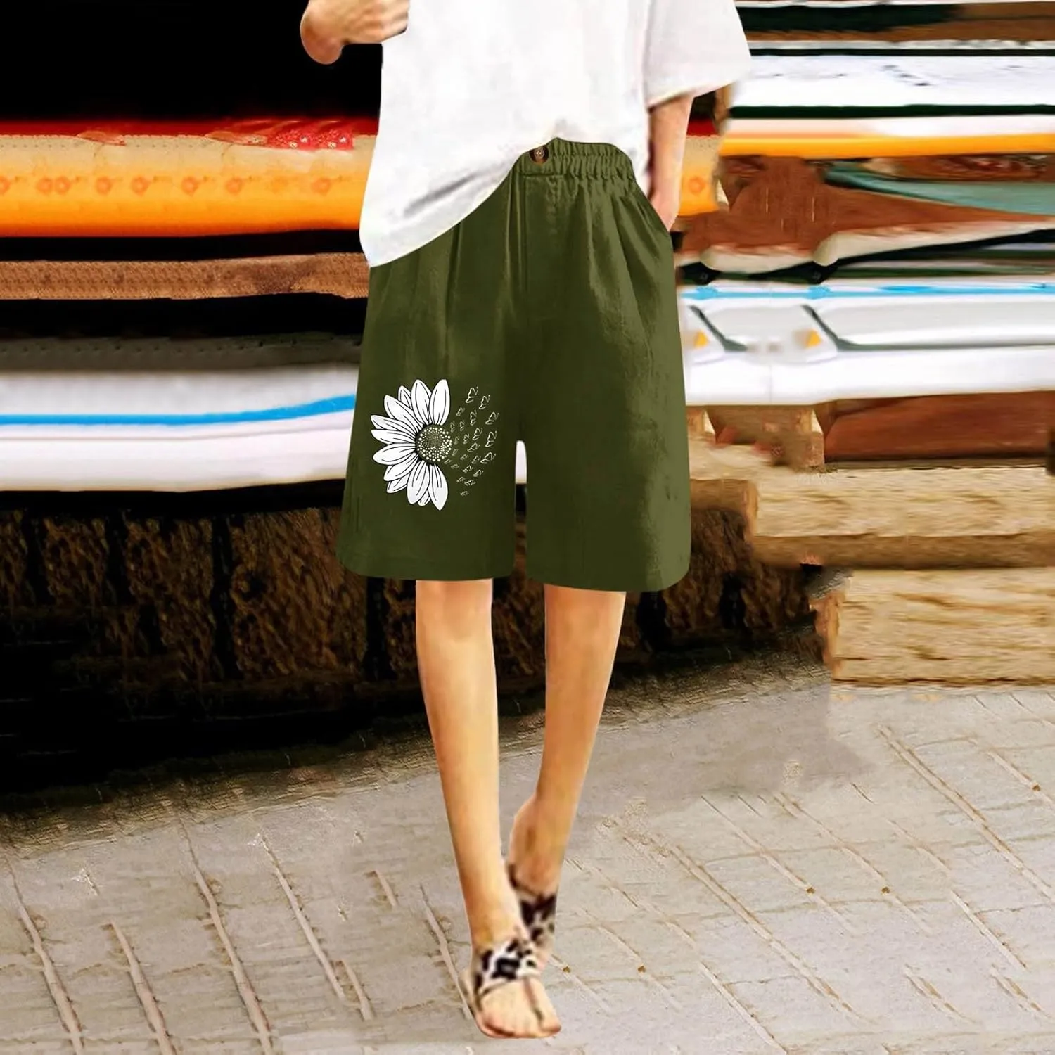 Bermuda Shorts for Women Cotton Linen Elastic High Waisted Casual Loose Shorts Comfy Lightweight Summer Shorts