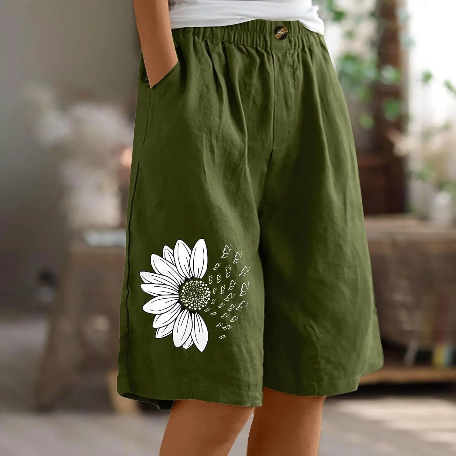 Bermuda Shorts for Women Cotton Linen Elastic High Waisted Casual Loose Shorts Comfy Lightweight Summer Shorts