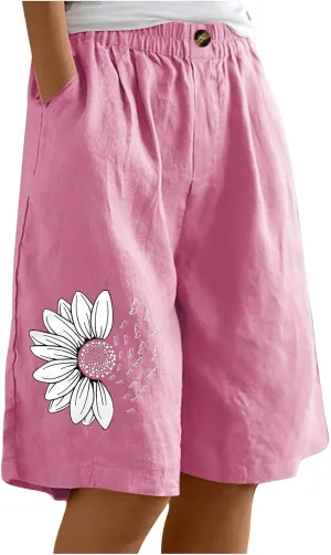 Bermuda Shorts for Women Cotton Linen Elastic High Waisted Casual Loose Shorts Comfy Lightweight Summer Shorts