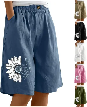 Bermuda Shorts for Women Cotton Linen Elastic High Waisted Casual Loose Shorts Comfy Lightweight Summer Shorts