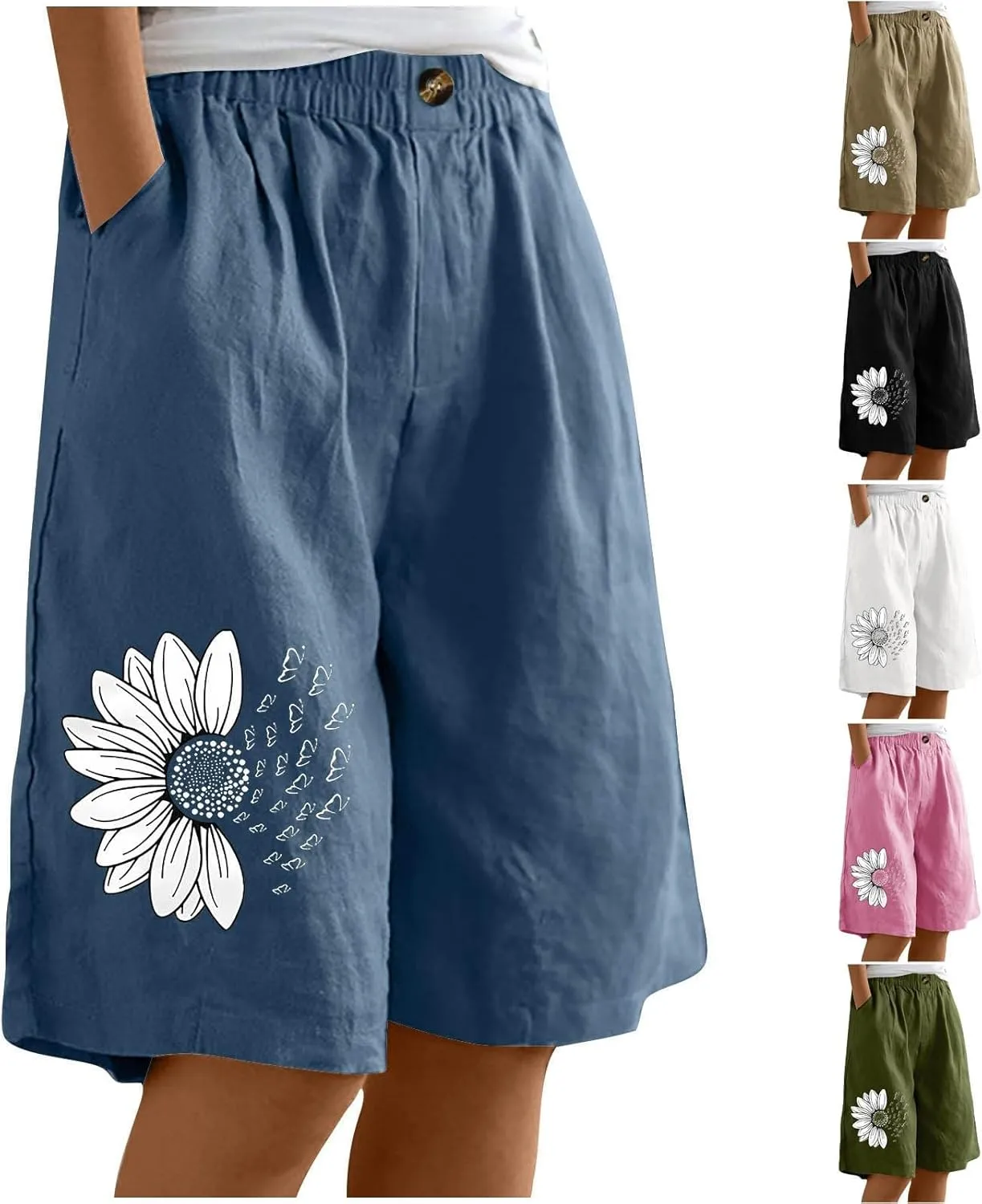 Bermuda Shorts for Women Cotton Linen Elastic High Waisted Casual Loose Shorts Comfy Lightweight Summer Shorts