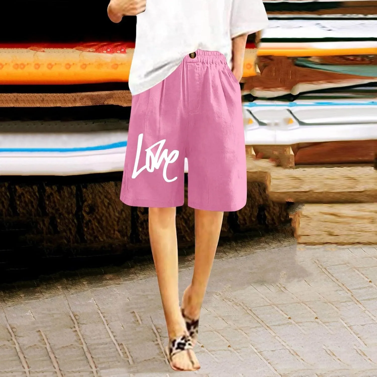 Bermuda Shorts for Women Cotton Linen Elastic High Waisted Casual Loose Shorts Comfy Lightweight Summer Shorts