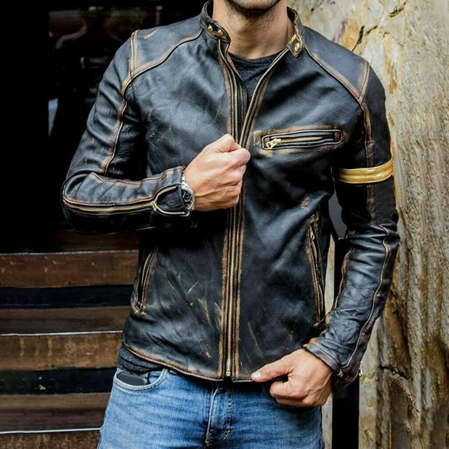 Black Leather Jacket Men Solid Color Zip PU Leather Jacket Short Lapel Motorcycle Leather Jacket Leather Jacket