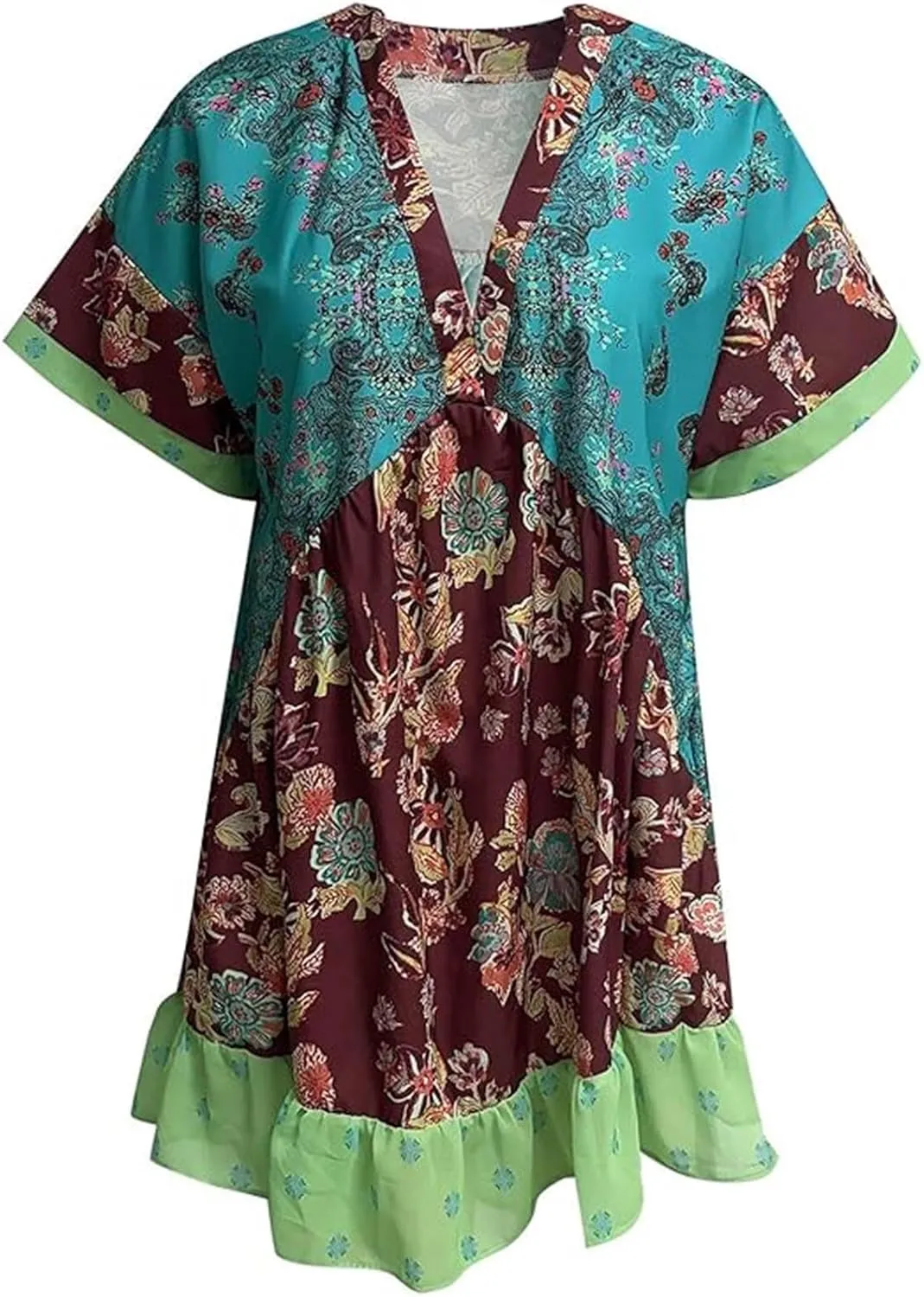 Boho Dress for Women 2024 Ruffle Hem Patchwork Babydoll Dress Flowy Bohemian Mini Dress Ethnic Embroidered Dress