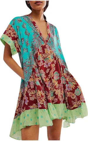 Boho Dress for Women 2024 Ruffle Hem Patchwork Babydoll Dress Flowy Bohemian Mini Dress Ethnic Embroidered Dress