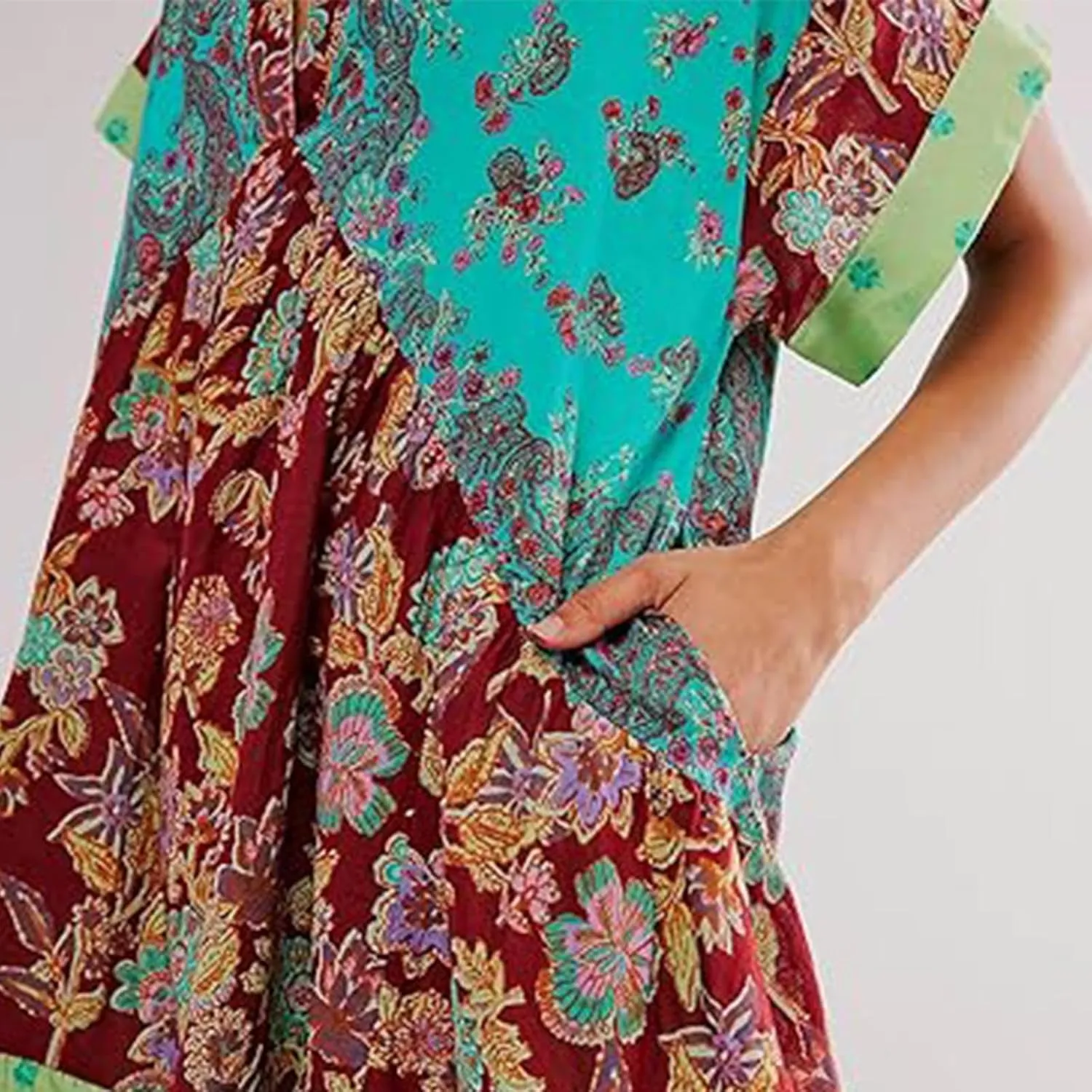Boho Dress for Women 2024 Ruffle Hem Patchwork Babydoll Dress Flowy Bohemian Mini Dress Ethnic Embroidered Dress