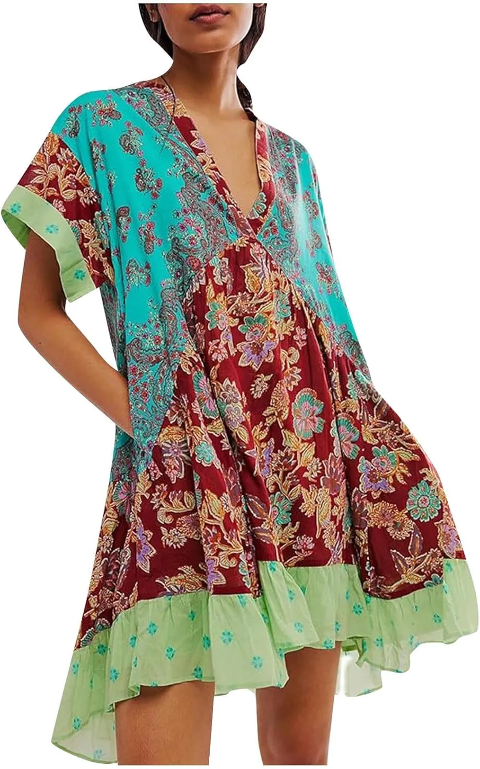 Boho Dress for Women 2024 Ruffle Hem Patchwork Babydoll Dress Flowy Bohemian Mini Dress Ethnic Embroidered Dress
