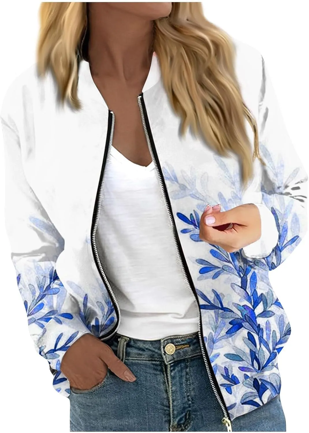 Bomber Jacket Women 2024 Trendy Full Zip Up Coat Long Sleeve Outwear Lightweight Windbreaker Outerwear Fall Jackets