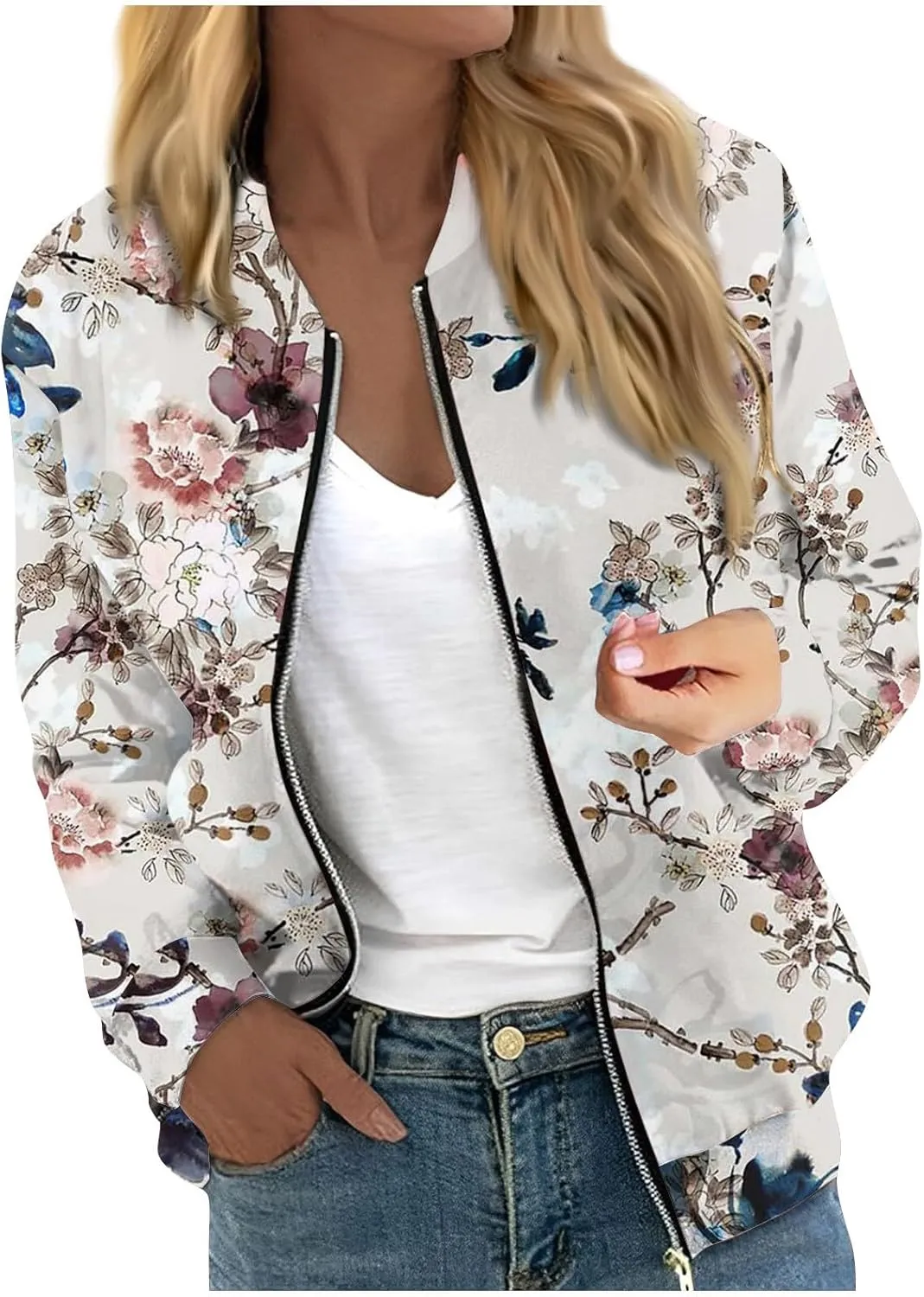 Bomber Jacket Women 2024 Trendy Full Zip Up Coat Long Sleeve Outwear Lightweight Windbreaker Outerwear Fall Jackets