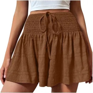 Canbebig Flowy Shorts for Women Smocked High Waisted Drawstring Shorts Dressy Ruffle Hem Flared Shorts Workout Pants Trendy