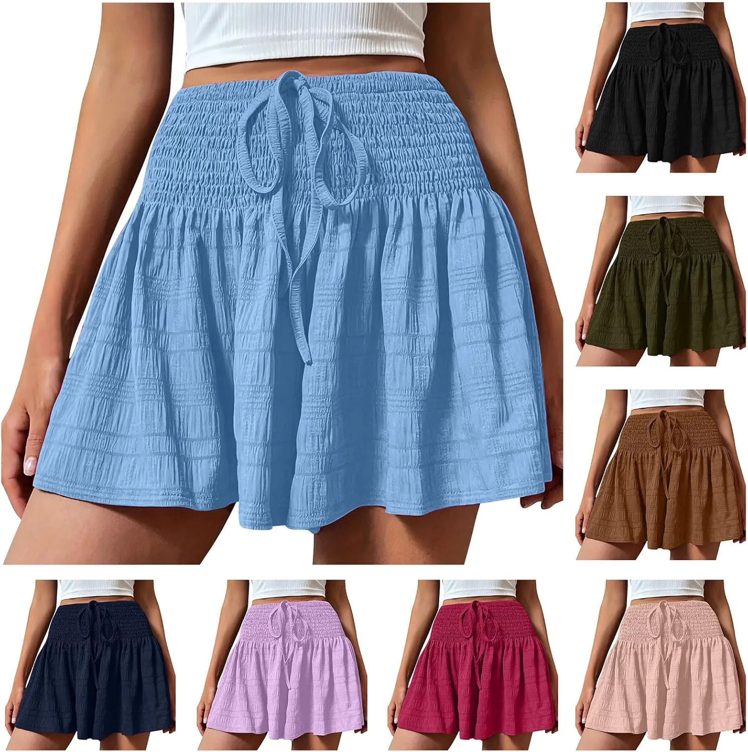 Canbebig Flowy Shorts for Women Smocked High Waisted Drawstring Shorts Dressy Ruffle Hem Flared Shorts Workout Pants Trendy