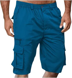 Cargo Shorts for Men Casual Fashion Solid Color Short with Multi-Pocket Button Zipper Elastic Waist Hiking Pants