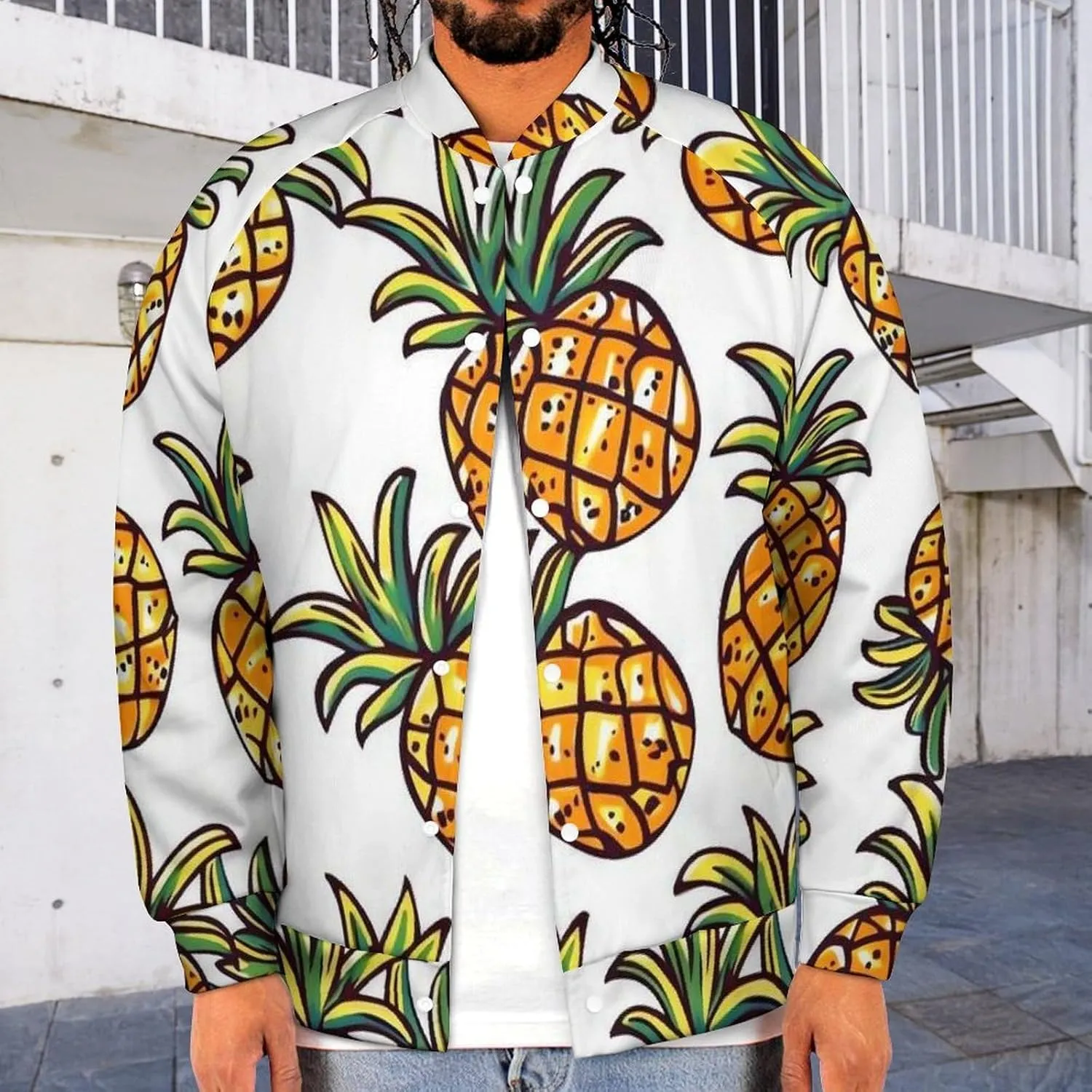 Cartoon Pineapple Abstract Ananas Lightweight Men's Baseball Jackets Relaxed Fit Varsity Bomber Jacket Windbreaker Coat