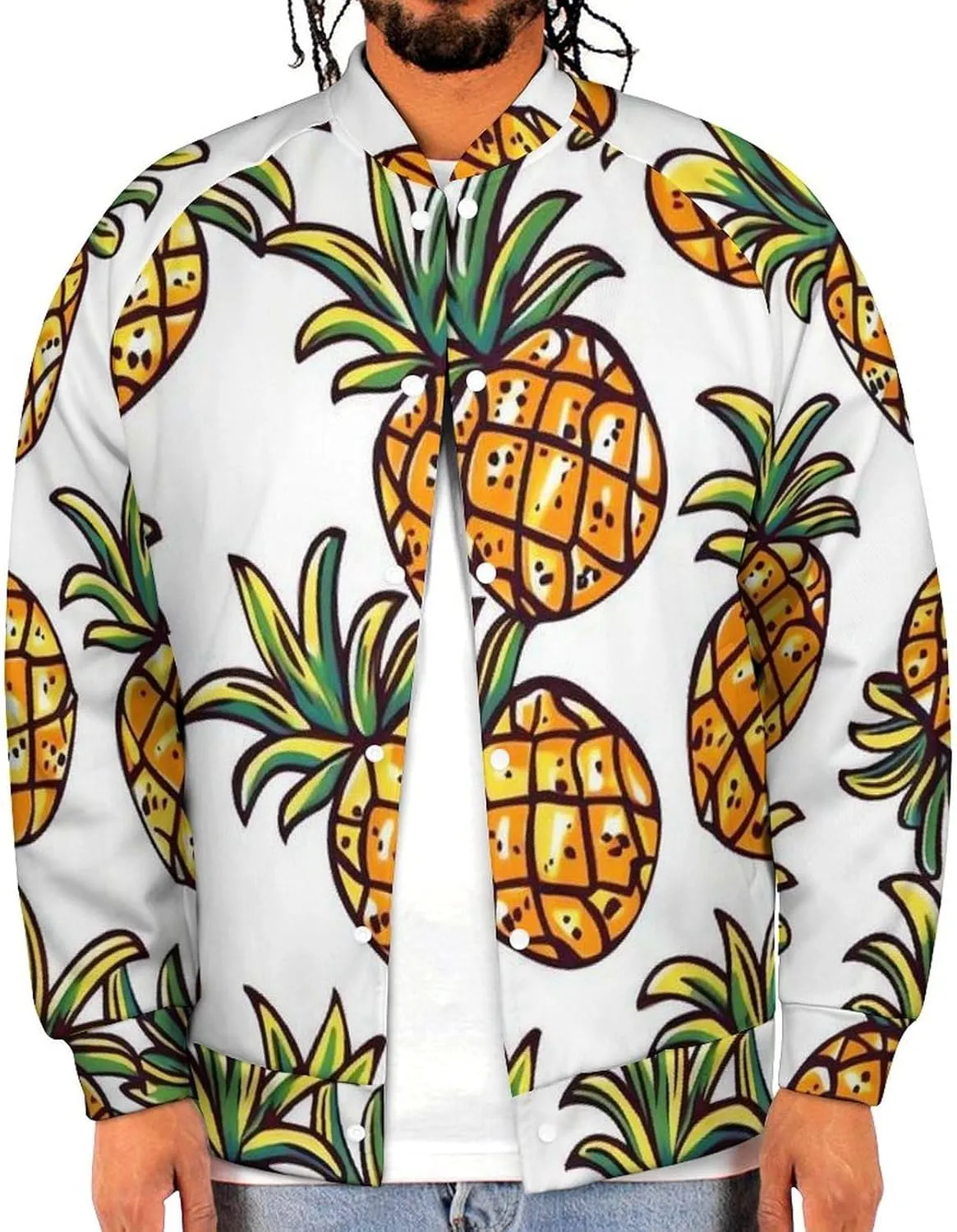 Cartoon Pineapple Abstract Ananas Lightweight Men's Baseball Jackets Relaxed Fit Varsity Bomber Jacket Windbreaker Coat