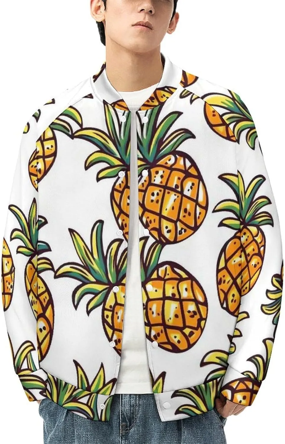 Cartoon Pineapple Abstract Ananas Lightweight Men's Baseball Jackets Relaxed Fit Varsity Bomber Jacket Windbreaker Coat