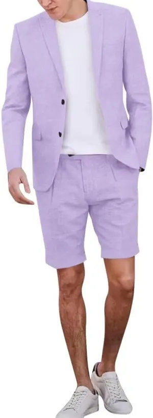 Casual Linen Short Suit Sets for Men Summer Suit Beach Wedding 2 Piece Tuxedo Blazer Shorts Suit