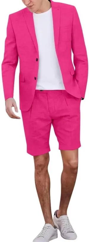 Casual Linen Short Suit Sets for Men Summer Suit Beach Wedding 2 Piece Tuxedo Blazer Shorts Suit