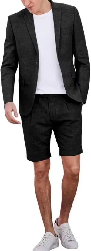 Casual Linen Short Suit Sets for Men Summer Suit Beach Wedding 2 Piece Tuxedo Blazer Shorts Suit