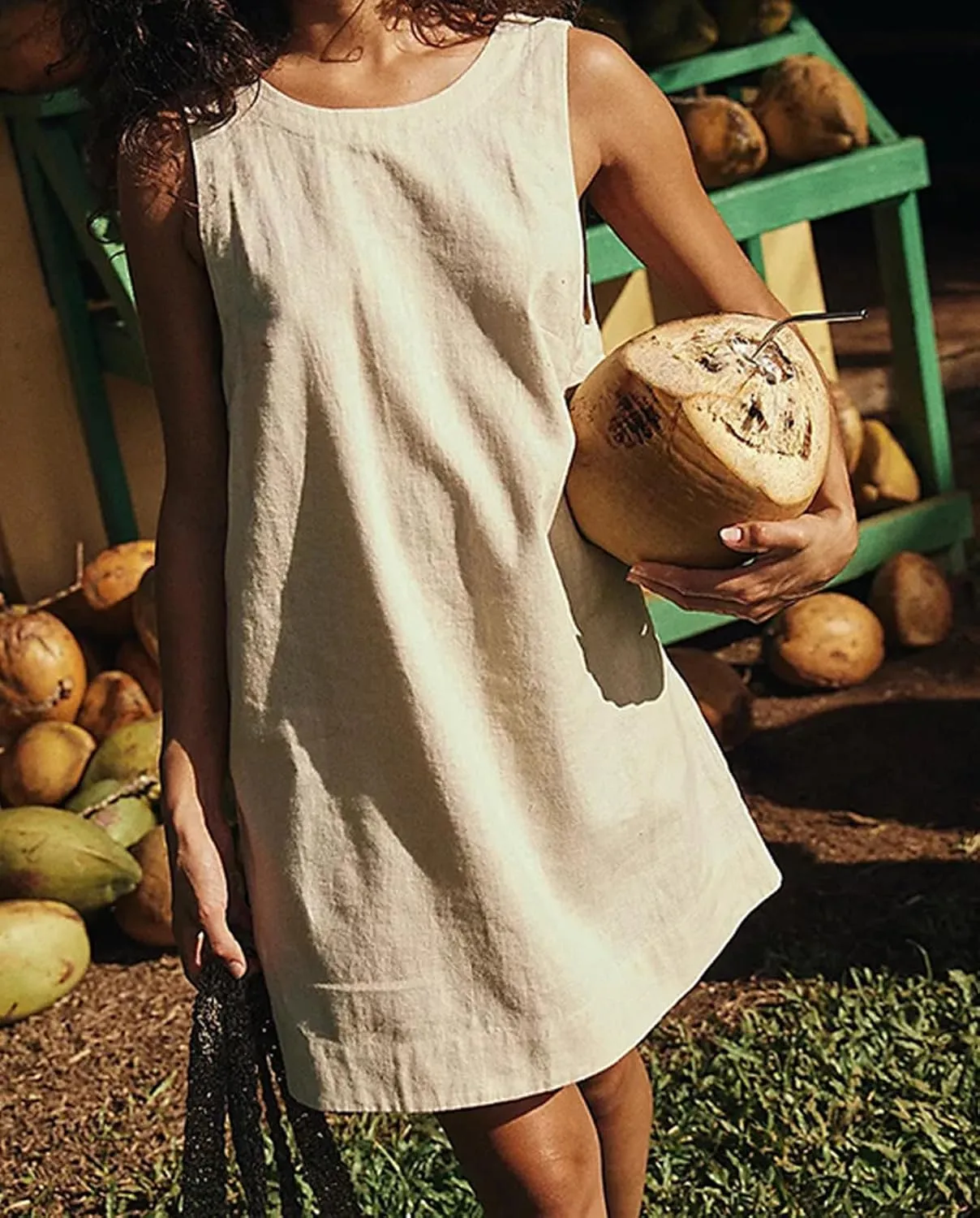 CHARTOU Women Cotton Linen Shift Dress Sleeveless Tank Mini Dress Open Back Summer Dress Beach Short Tunic Dress