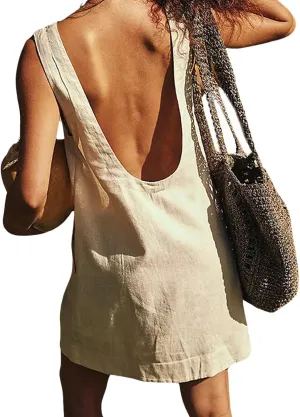 CHARTOU Women Cotton Linen Shift Dress Sleeveless Tank Mini Dress Open Back Summer Dress Beach Short Tunic Dress