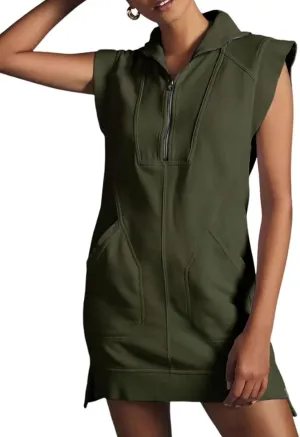 CHARTOU Women Plain Half Zip Sweatshirt Dress Sleeveless Hoodie Mini Dress Summer Casual V Neck Tunic Dress Pocket