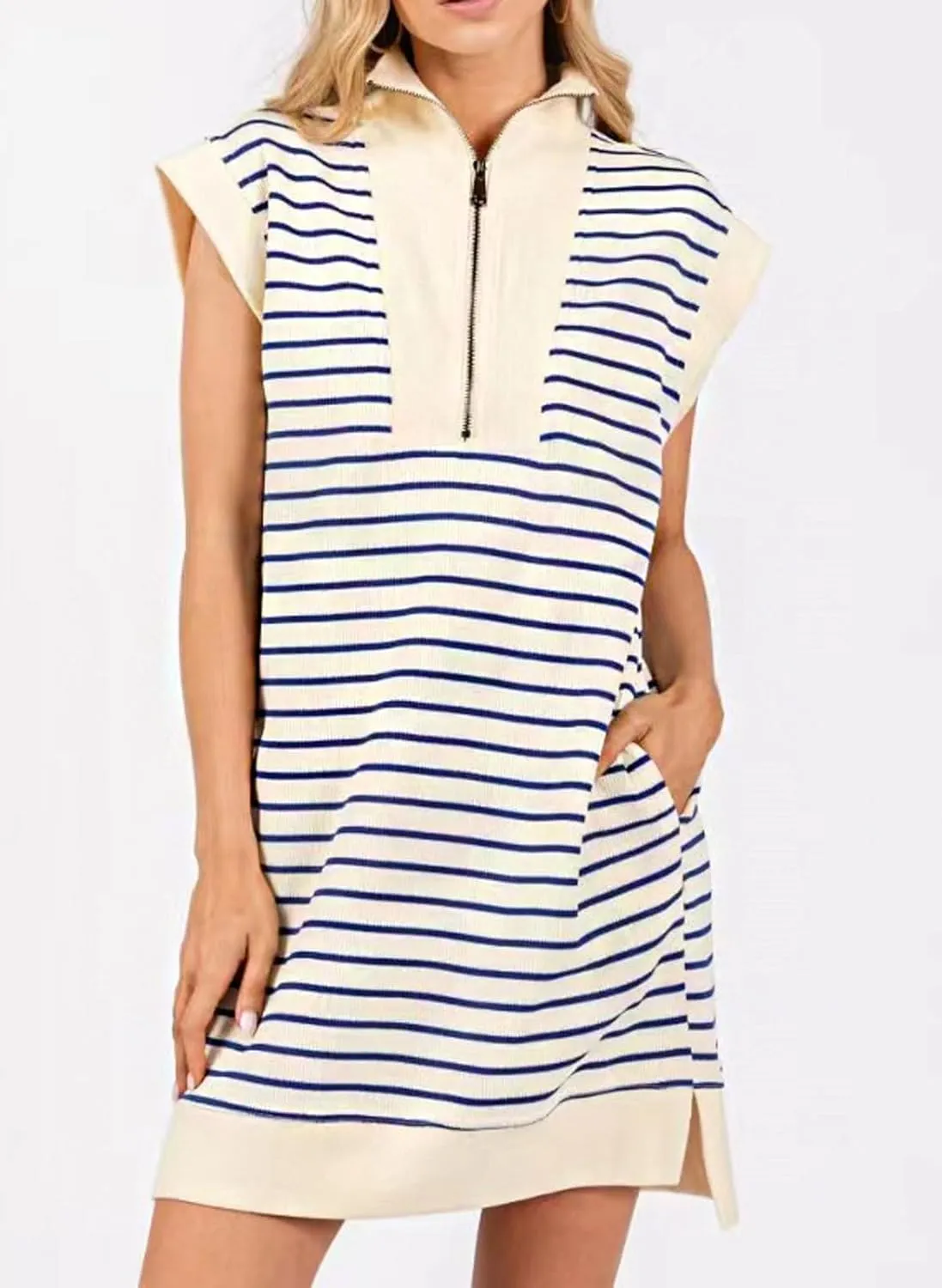 CHARTOU Women Striped Half Zip Pullover Polo Sweatshirt Dress Turtleneck Sleeveless Summer Mini Dress Collar Tunic Dress