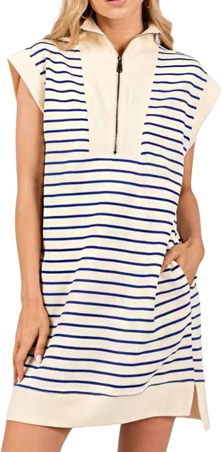 CHARTOU Women Striped Half Zip Pullover Polo Sweatshirt Dress Turtleneck Sleeveless Summer Mini Dress Collar Tunic Dress