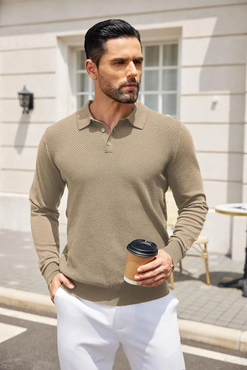 COOFANDY Men's Knit Polo Sweater Long Sleeve Casual Collared Quarter Button Golf Waffle Textured Sweater