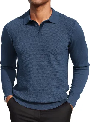 COOFANDY Men's Knit Polo Sweater Long Sleeve Casual Collared Quarter Button Golf Waffle Textured Sweater